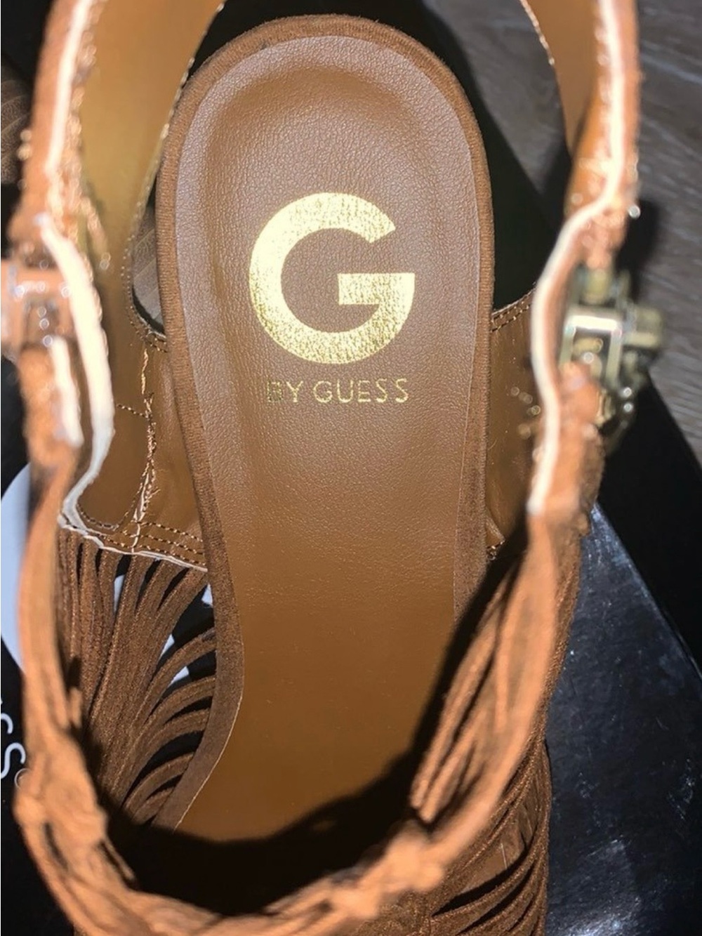 G by Guess Brown Suede Fringe Ankle Strap Sandals